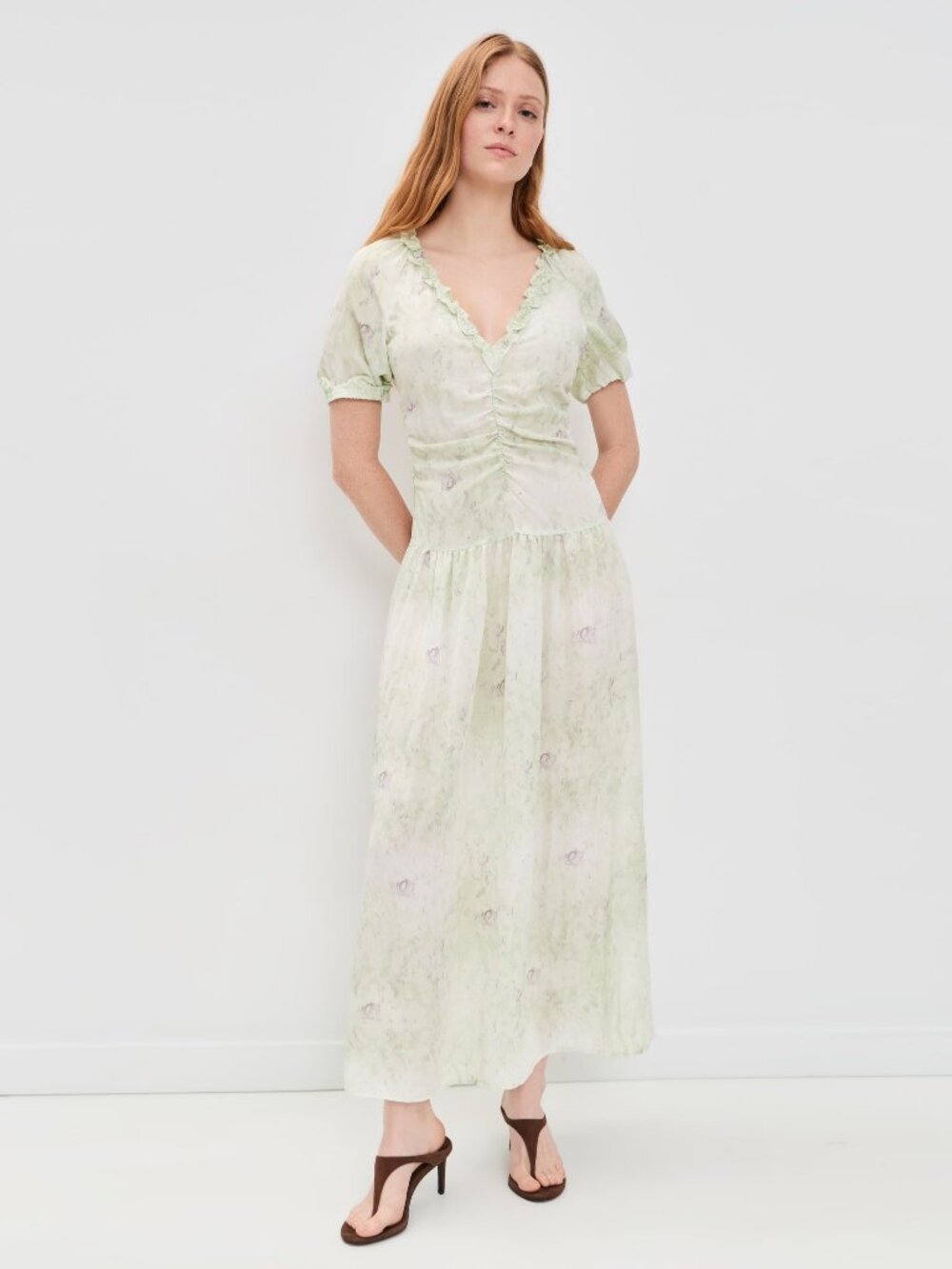 Light Green Floral Midi Dress with V-Neck
